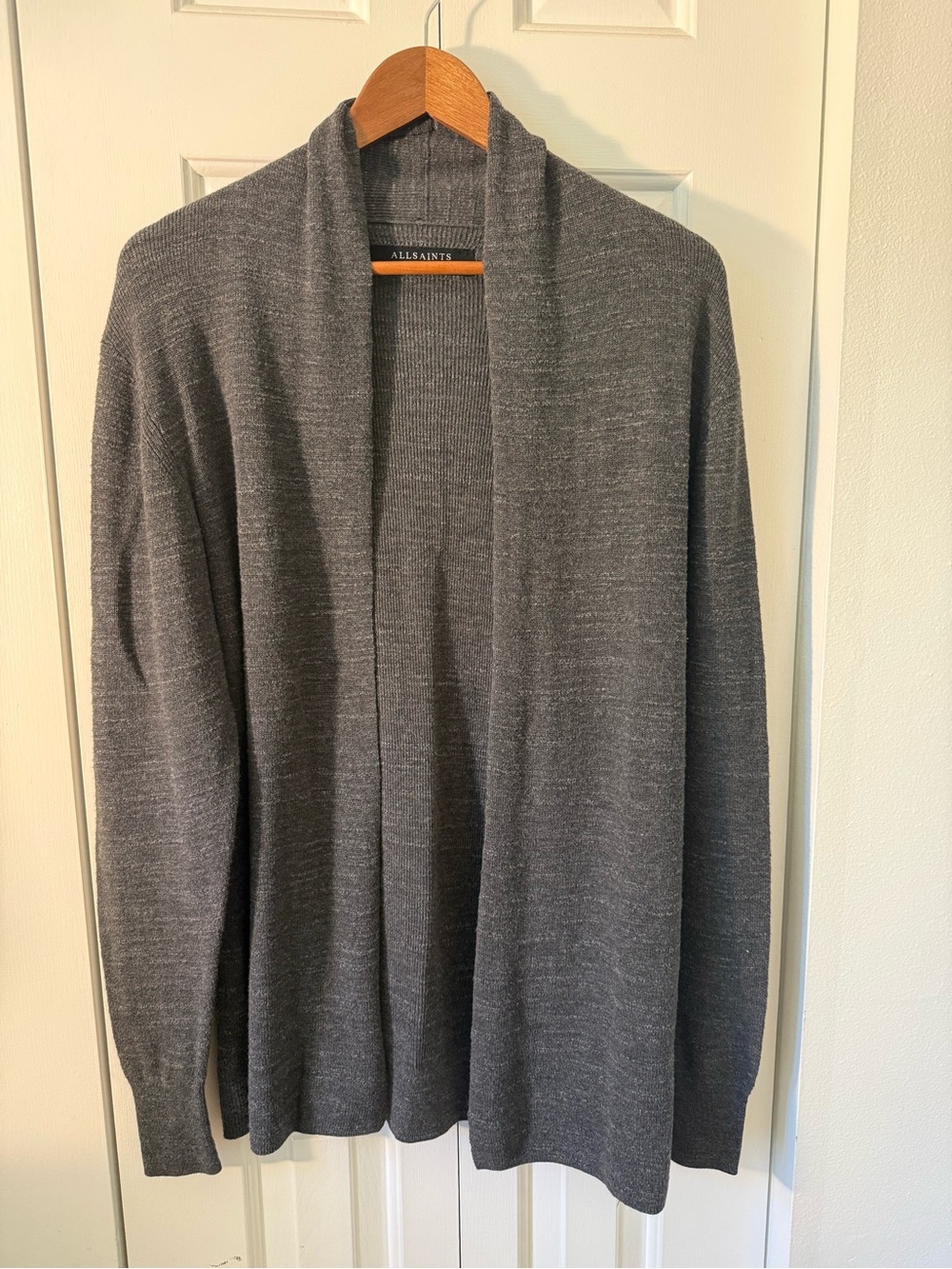 All Saints Men's Charcoal Open-Front Shawl Collar Cardigan